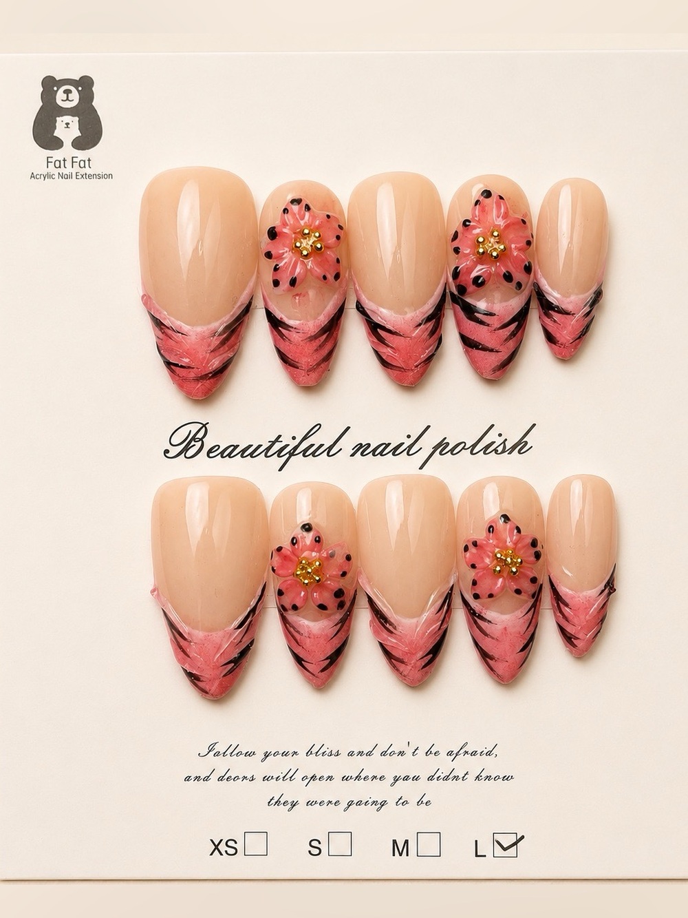NEW Coral Tiger Stripe French Tip Press On Nails | 3D Floral | Long Almond | LG